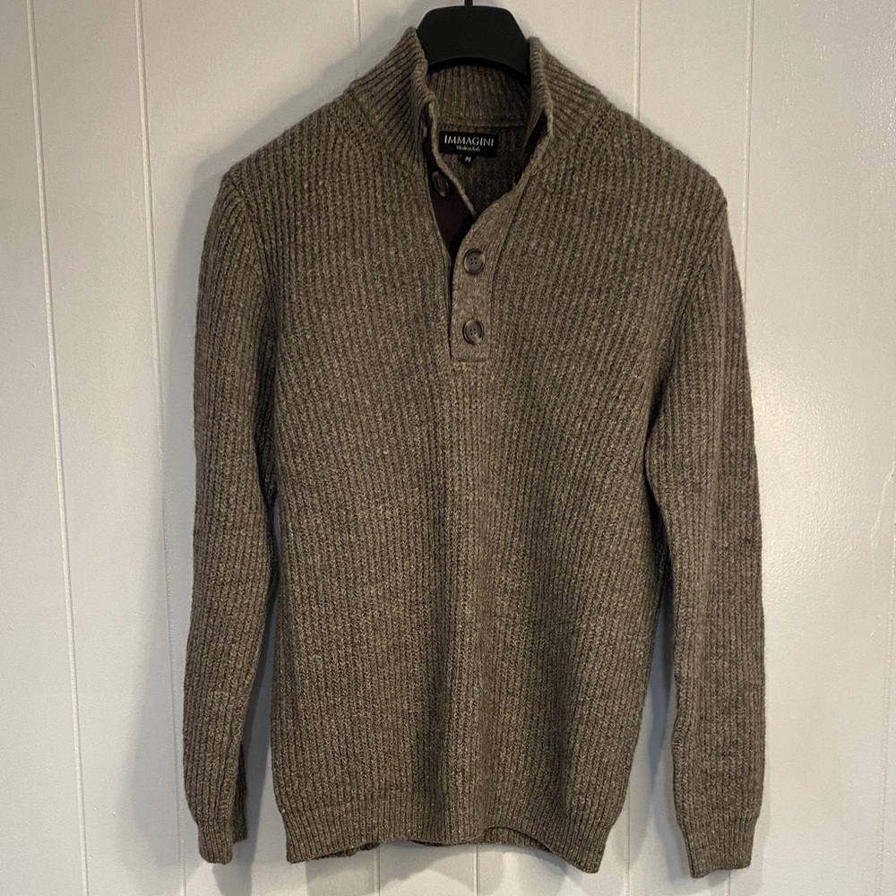 Immagini Italian Wool Blend Button Collar Ribbed Knit Taupe Sweater Size Medium